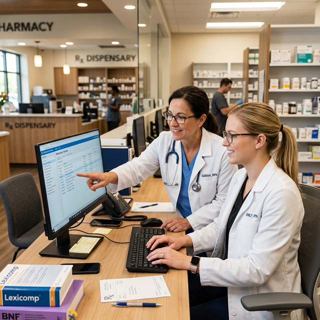 Pharmacists collaborating on documentation