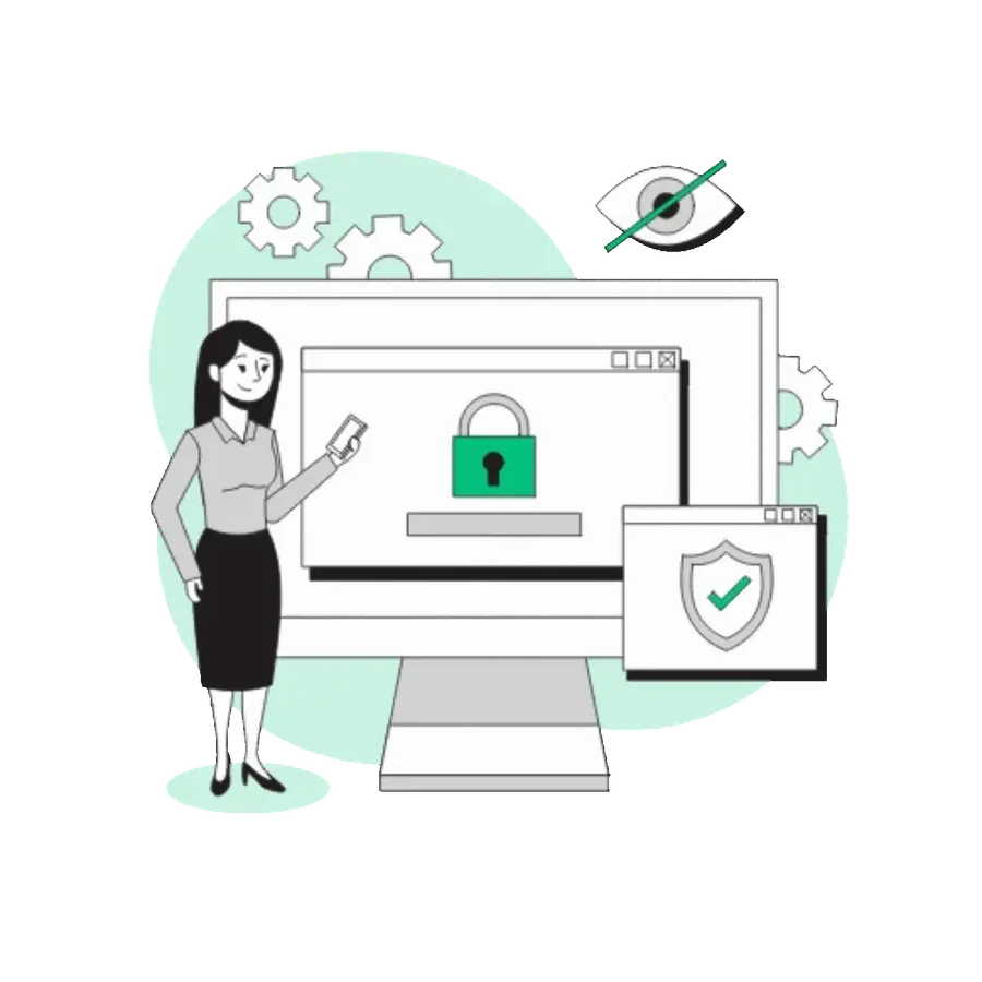 A person at a monitor showing a padlocked sign-in screen, beside a security shield and a crossed-out eye