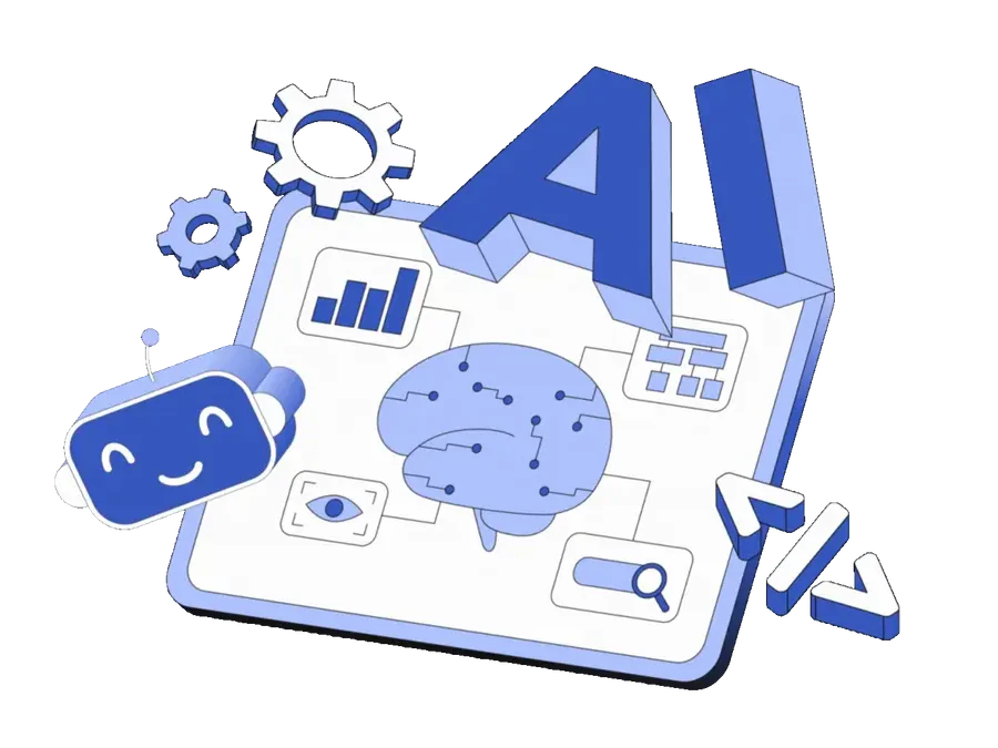 A robot beside a tablet showing charts, a connected brain and a search field, under a large AI mark