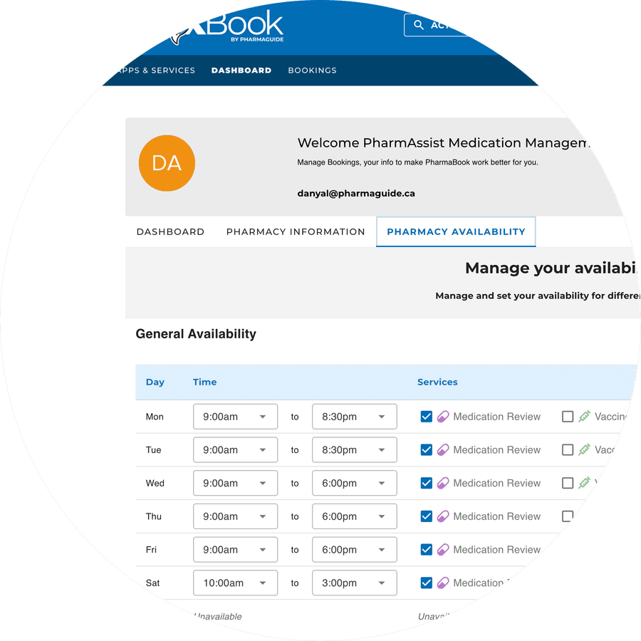 PhoxBook's availability settings, with opening hours set per service