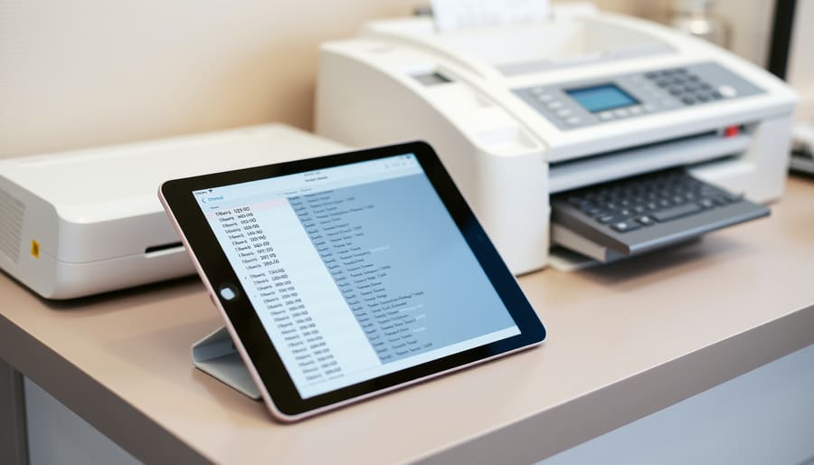 A tablet propped beside a pharmacy fax machine, a list of received documents on screen
