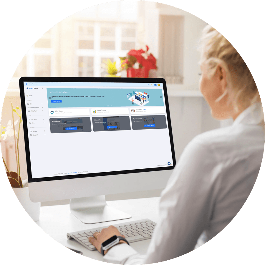 A pharmacy manager opening the PhoxDash home screen on a desktop