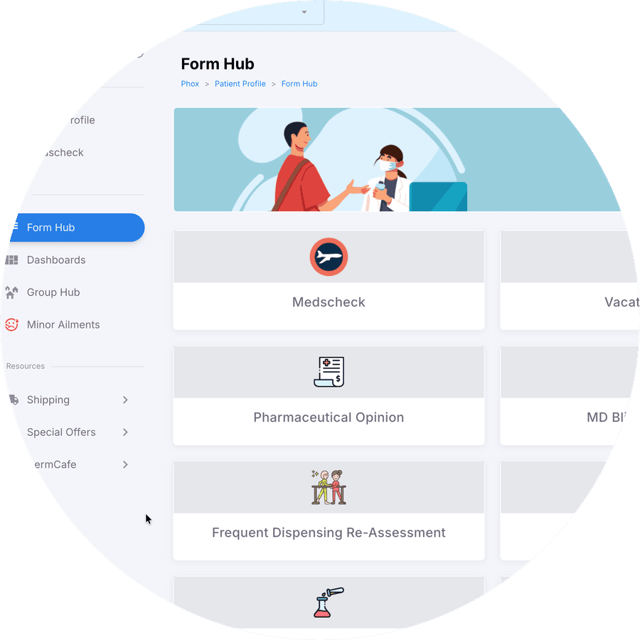The PhoxDocs form hub, with MedsCheck, pharmaceutical opinion and frequent-dispensing forms