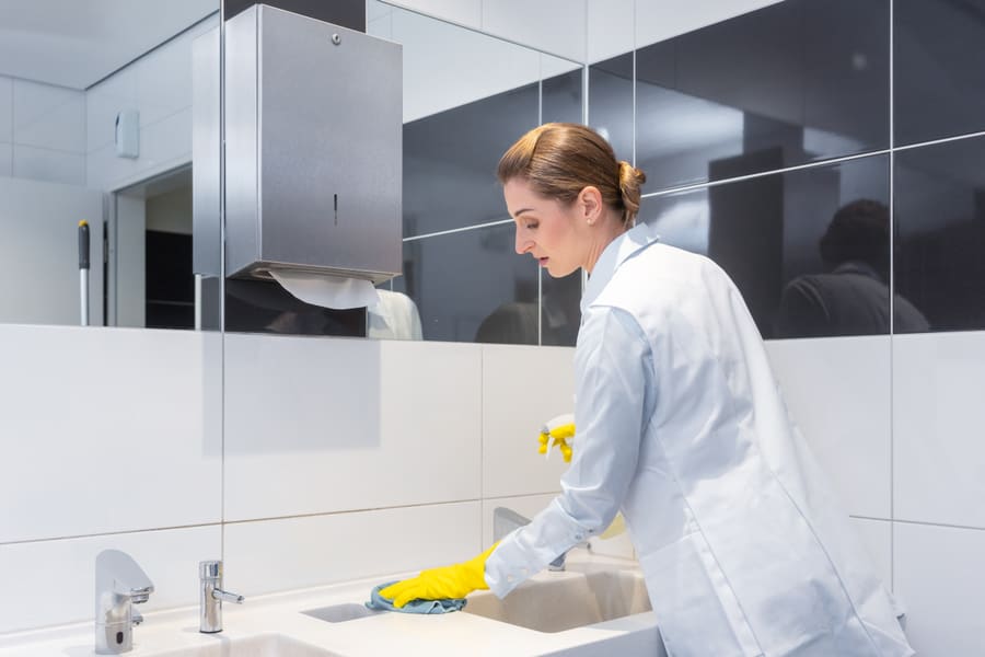 A pharmacy assistant cleaning a stainless steel sink