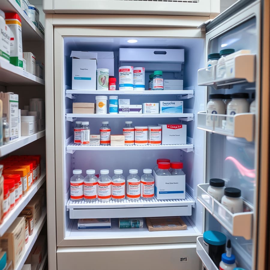A pharmacy fridge stocked with labelled medication