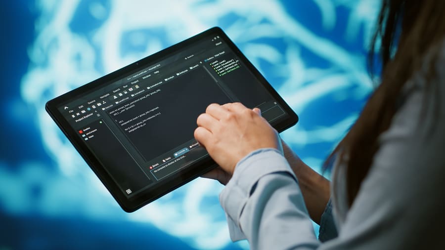 A tablet showing a transcript being edited