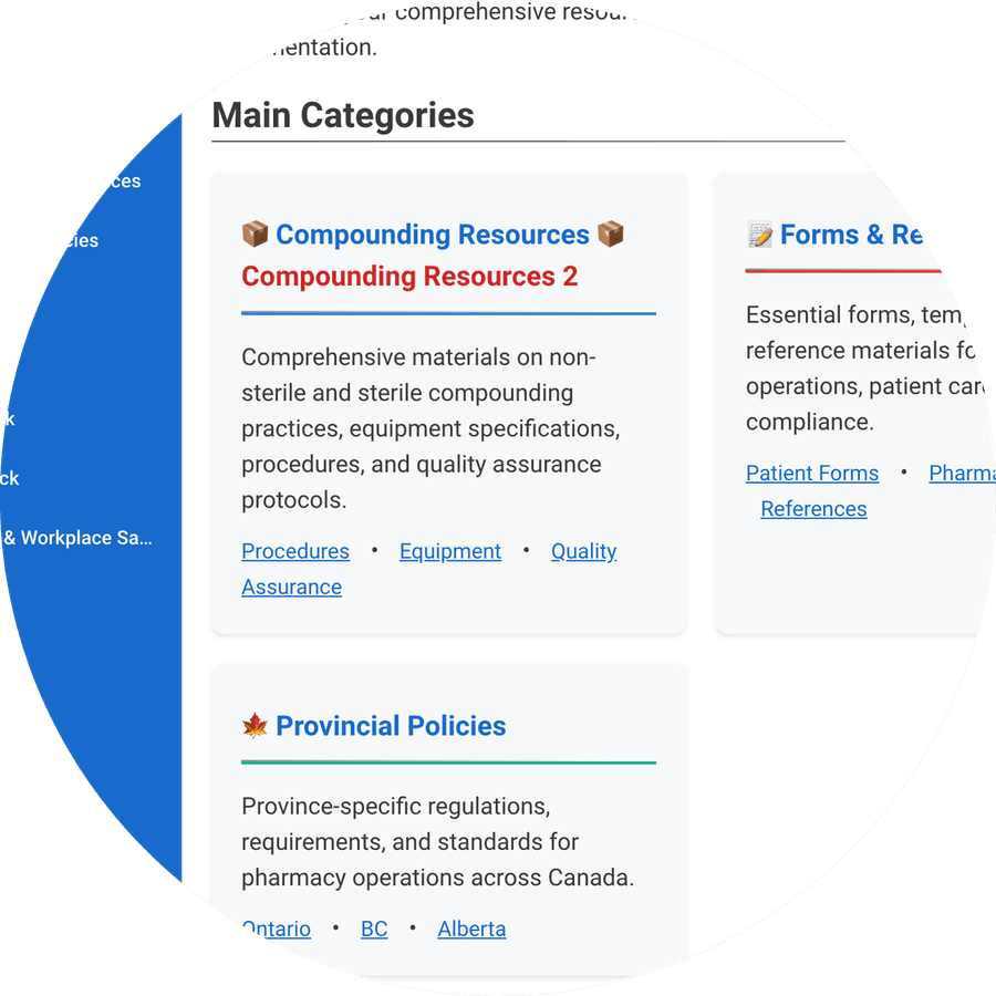 PhoxWiki's main categories — compounding resources, forms and provincial policies