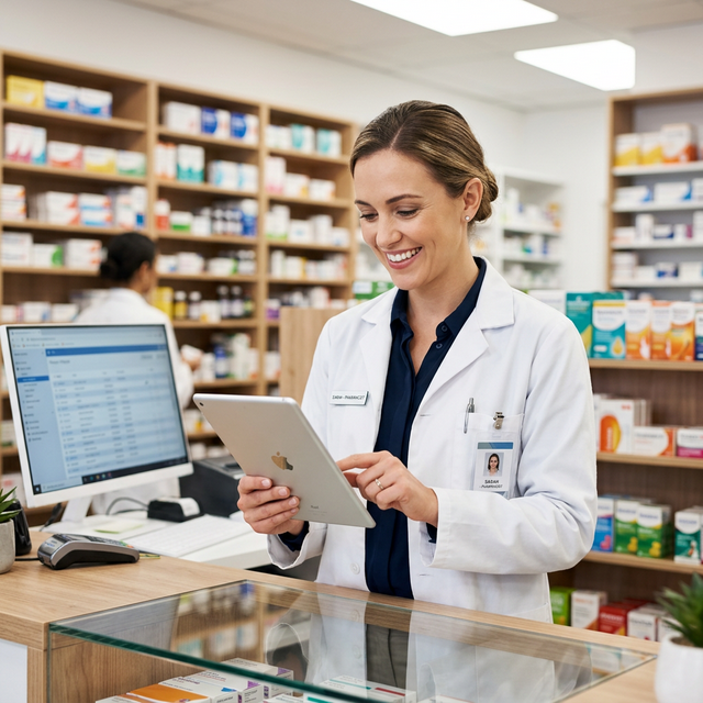 A pharmacist reviewing patient records on a tablet behind the dispensary counter
